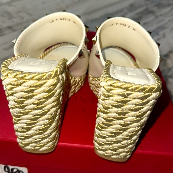 Valentino Cream Leather Rockstud Wedge Slide Platform Sandals